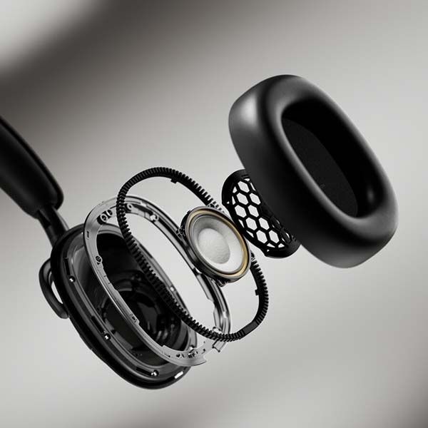 Exploded view of a black noise-cancelling headphone earcup and driver