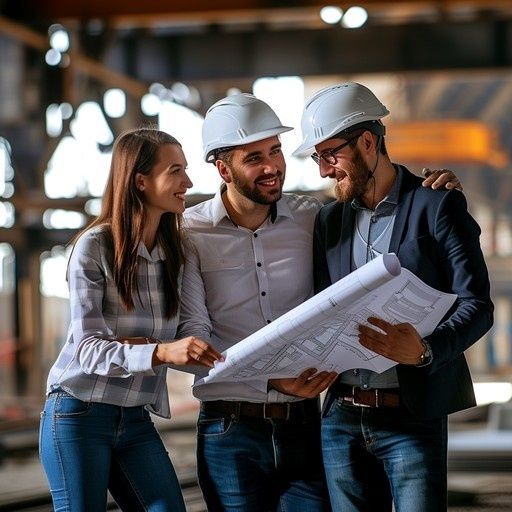 Three engineers in hard hats review architectural blueprints on a worksite