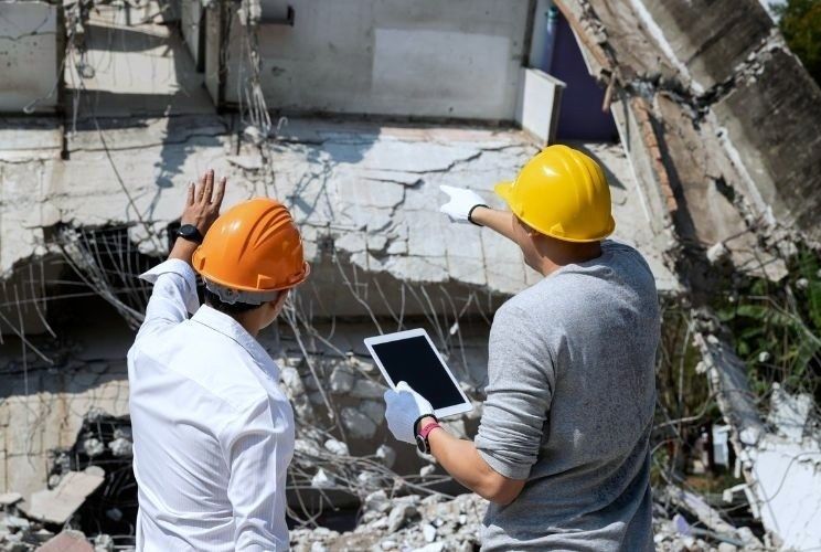 Engineers inspect a severely damaged concrete building with a tablet